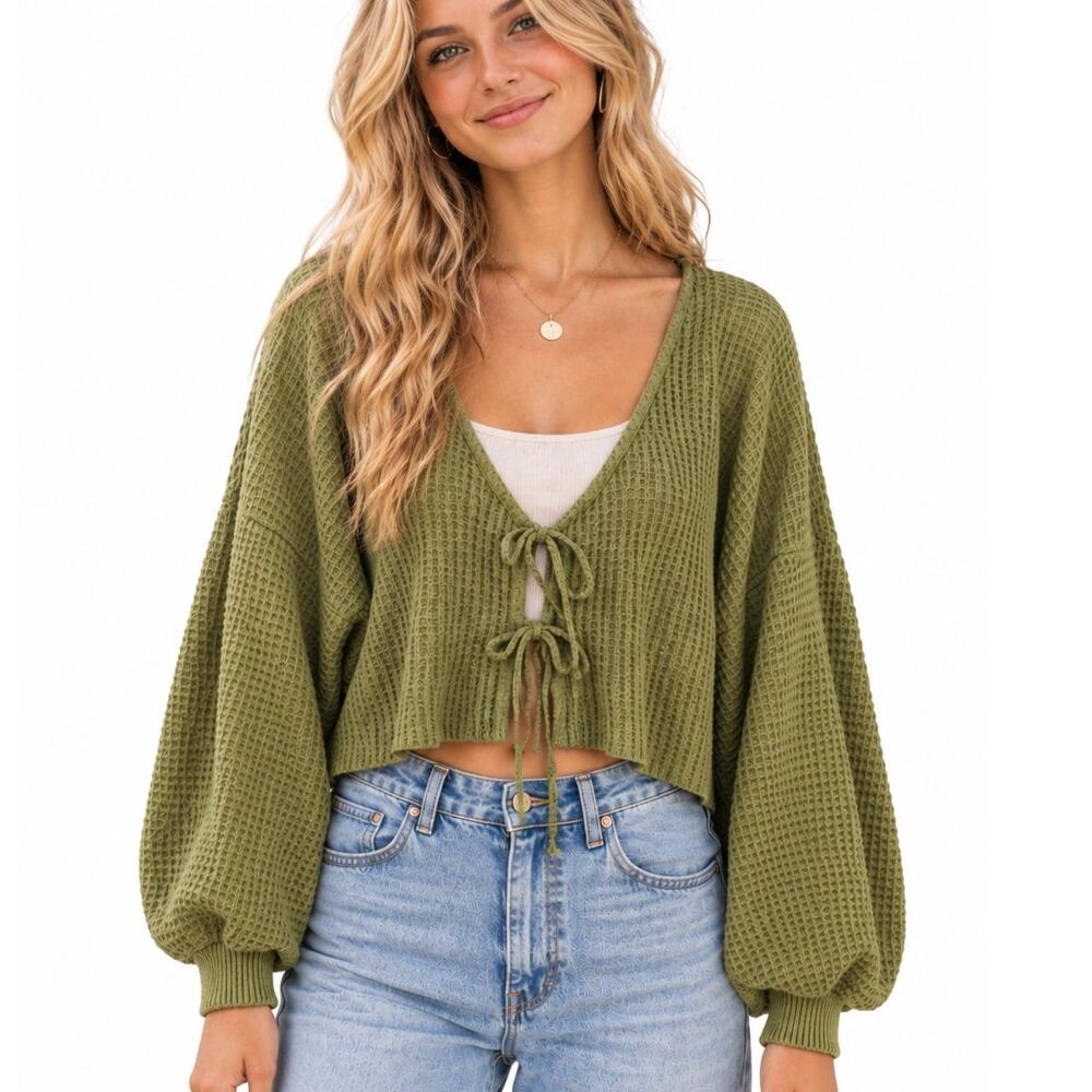 Out from Under Tie Front Top Womens Large Moss Green Chunky Waffle Knit Shrug